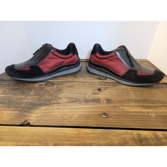 Prada Women Black Suede Red Mesh Sneakers Size 7 (37) Trainers Tennis Shoes - Picture 6 of 11